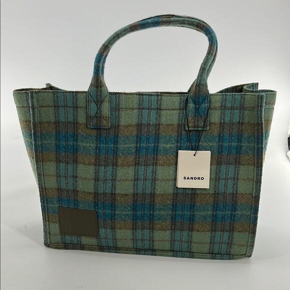 Sandro Kasbah Tartan Tote Bag - Green/Blue - New with tags - MSRP $370 - Picture 2 of 8